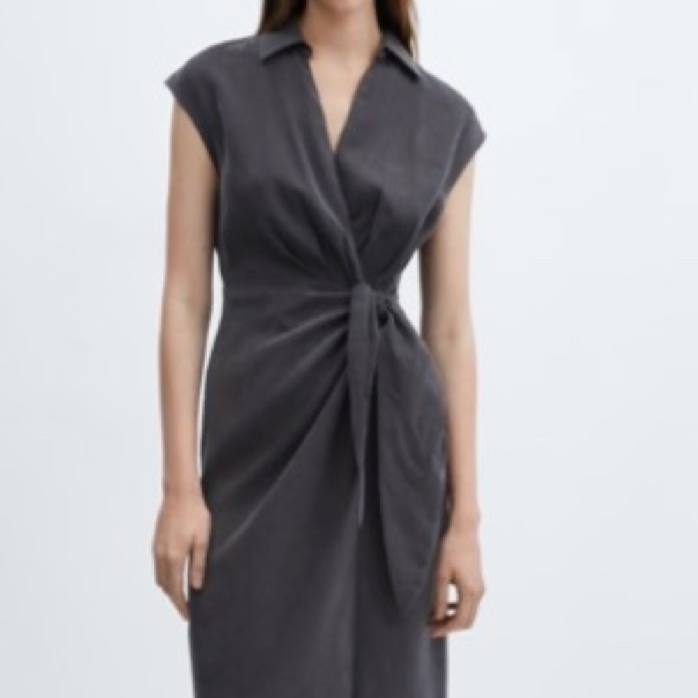 MANGO MNG True Wrap Midi Bow Modal Dress Silky Sleeveless Gray Size Small